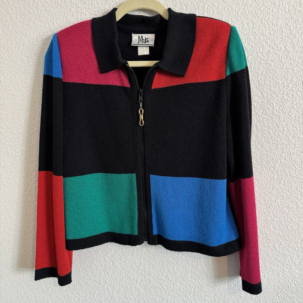 VTG Mita Sweater Size 6P‎ Krinkle Spun Colorblock Gold Zip Front Cardigan